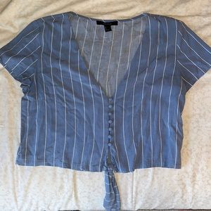 Striped Tie Front Cropped Short Sleeve Top with Buttons